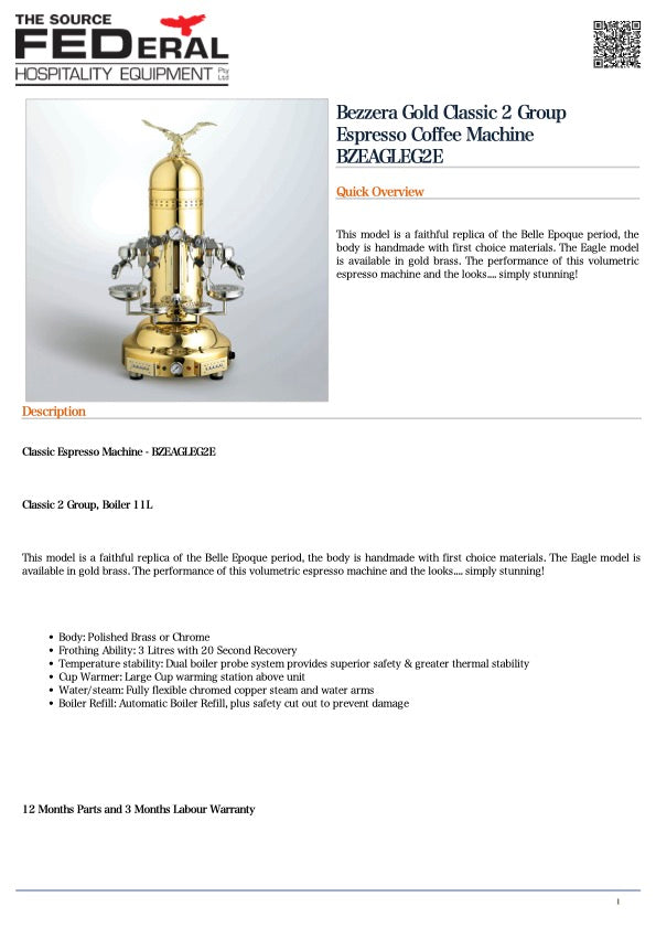 Bezzera BZEAGLEG2E Gold Classic 2 Group Espresso Coffee Machine