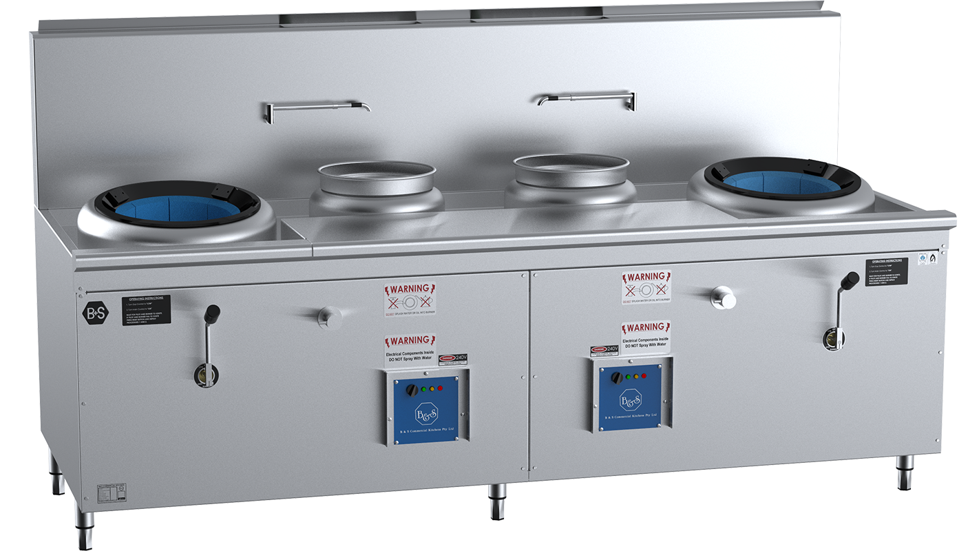 B+S Black Waterless HiPac Wok Tables Double Hole with Two Centre Pots and Prep Table CCF-HP2+2