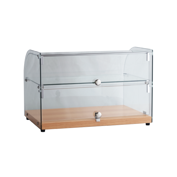 Exquisite CD45-W Two Tiers Curved Glass Ambient Cake Display – Elegant Walnut Colour