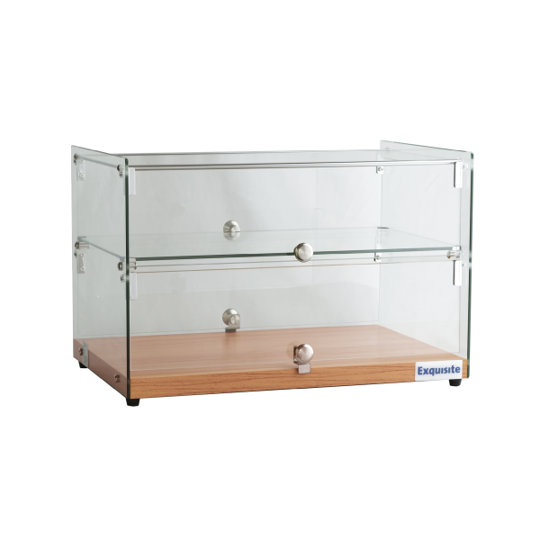 Exquisite CD50-O Two Tiers Flat Glass Ambient Cake Display – Natural Oak Colour