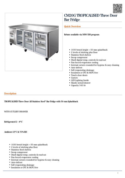 FED CM20G TROPICALISED Three Door Bar Fridge 543L