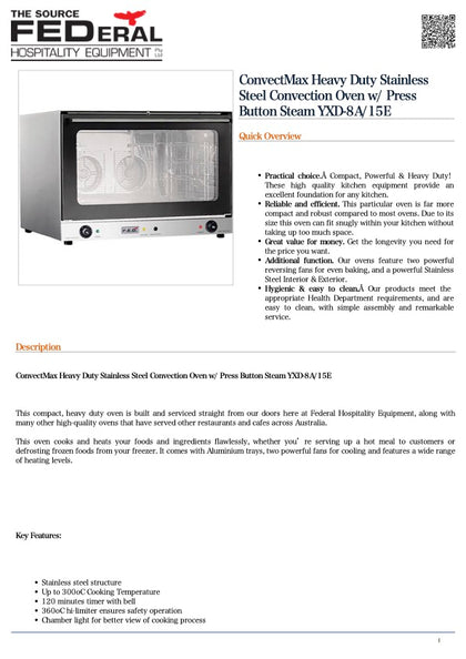 Convectmax YXD-8A/15E Heavy Duty Stainless Steel Convection Oven w/ Press Button Steam