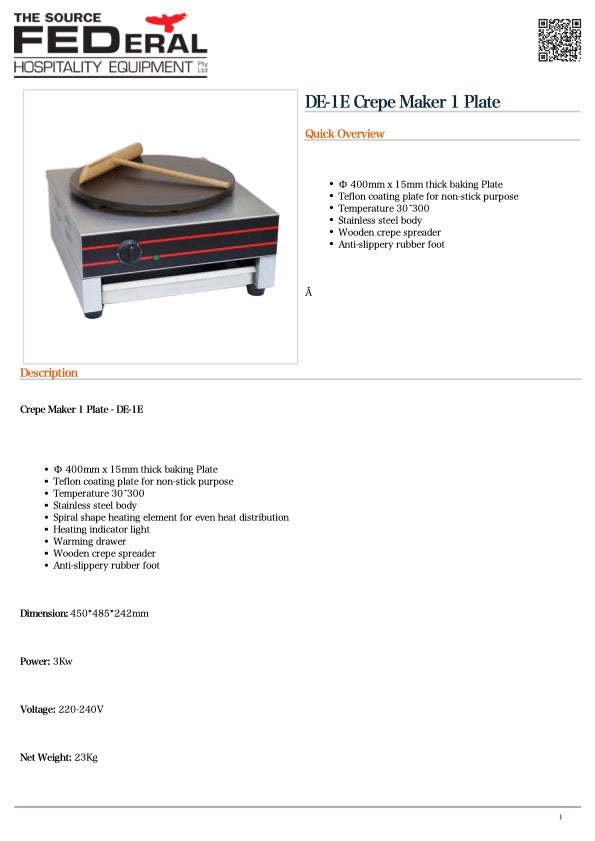 Benchstar DE-1E Crepe Maker 1 Plate