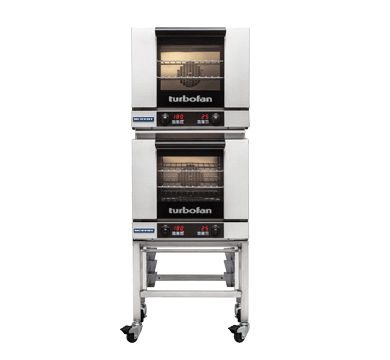 Turbofan E23D3/2 - Half Size Tray Digital Electric Convection Ovens Double Stacked on a Stainless Steel Base Stand