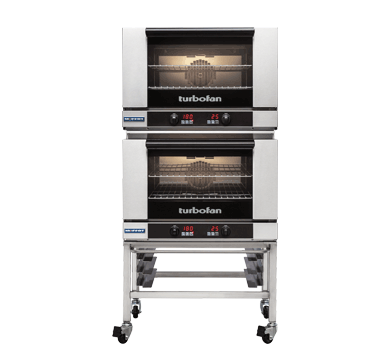 Turbofan E27D2/2 - Full Size Tray Digital Electric Convection Ovens Double Stacked on a Stainless Steel Base Stand