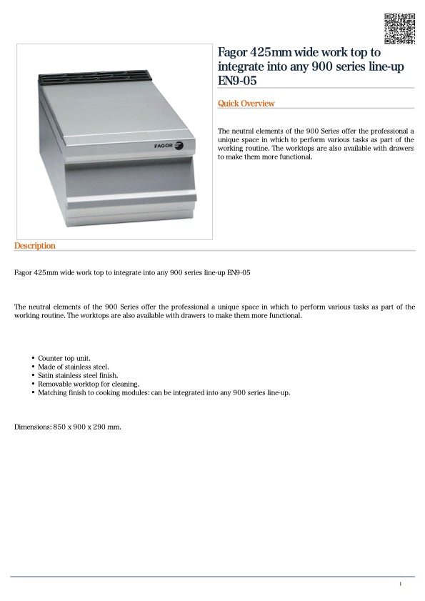 FED EN9-05 Fagor 425mm wide work top to integrate into any 900 series line-up