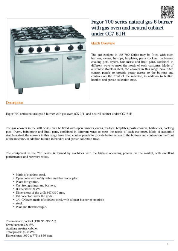 Fagor CG7-61H 700 series natural gas 6 burner with gas oven and neutral cabinet under 1505mm