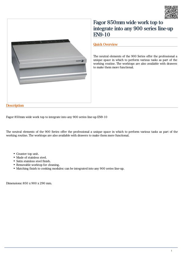 FED EN9-10 Fagor 850mm wide work top to integrate into any 900 series line-up