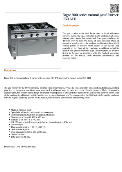 FED CG9-61H Fagor 900 series natural gas 6 burner / 1275x900x900 /2+2Y Warranty