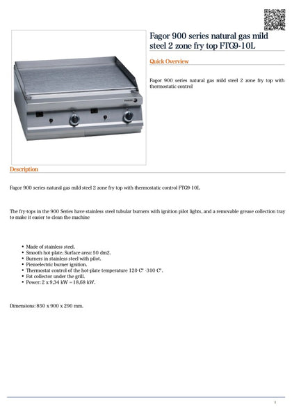 FED FTG9-10L Fagor 900 series natural gas mild steel 2 zone fry top, Gas Griddle / 850x900x320 / 2+2Y Warranty