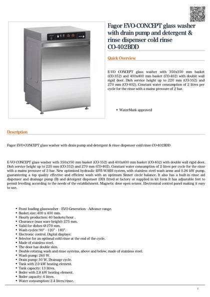 FED CO-402BDD Fagor EVO-CONCEPT glass washer with drain pump and detergent & rinse dispenser cold rinse