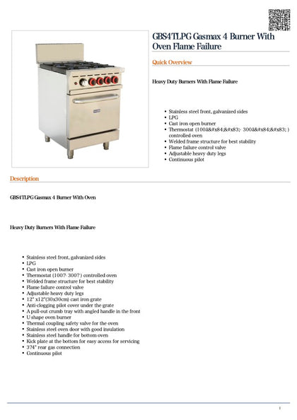 FED GBS4TLPG Gasmax 4 Burner With Oven Flame Failure/168MJ/h/W609 xD855 xH1128 / 132kg / 2y+2y