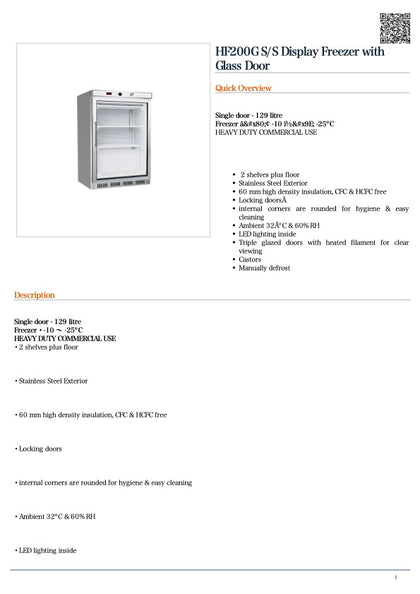 Thermaster HF200G S/S Display Freezer with Glass Door 129L