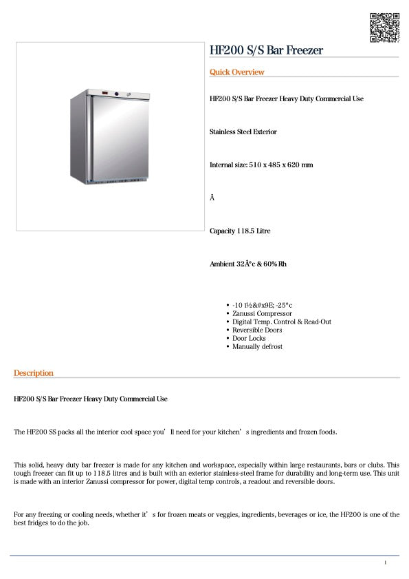 Thermaster HF200 SS Bar Freezer 129L