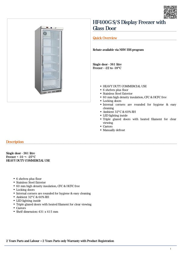 Thermaster HF400G S/S Display Freezer with Glass Door 361L