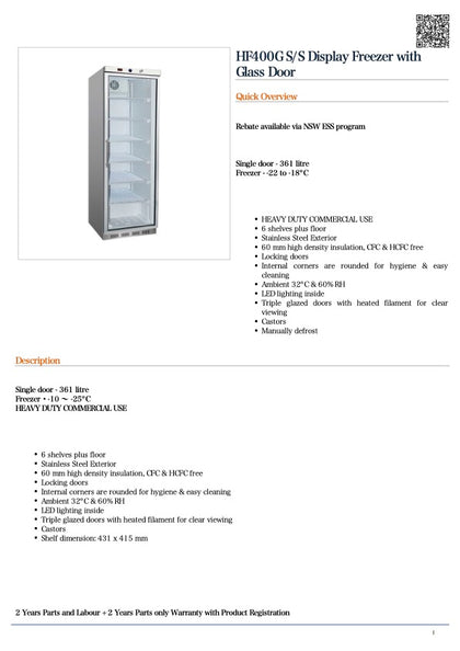 Thermaster HF400G S/S Display Freezer with Glass Door 361L