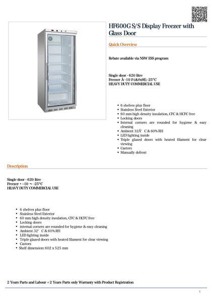 Thermaster HF600G S/S  Display Freezer with Glass Door 620L