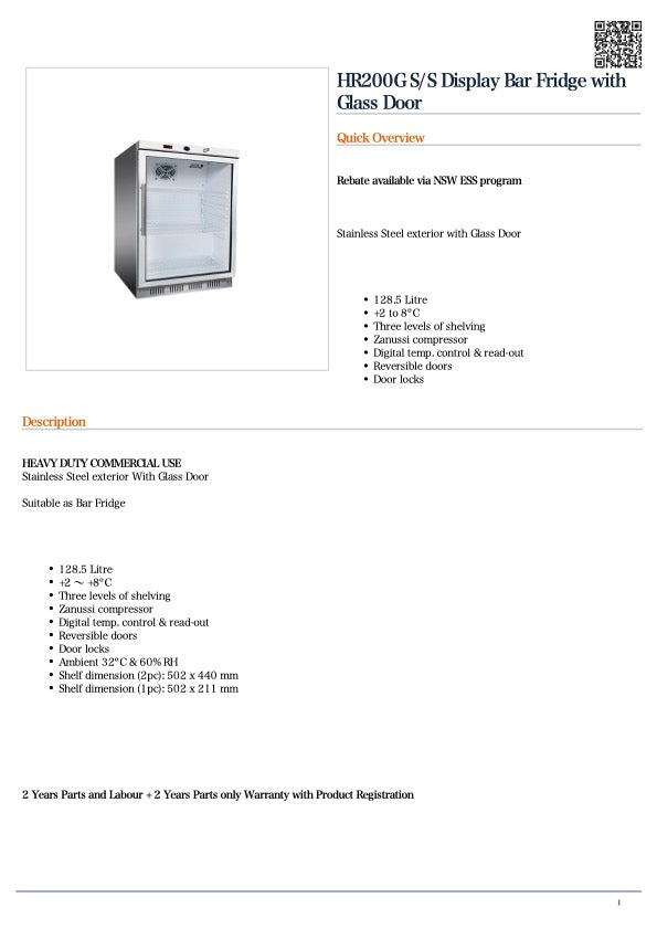 Thermaster HR200G SS Display Bar Fridge with Glass Door 128L
