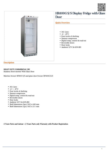 Thermaster HR400G SS Display Fridge with Glass Door 361L