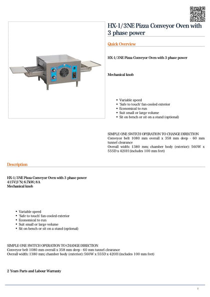 FED HX-1/3NE Pizza Conveyor Oven with 3 phase power /1500x580x430 / 2Y Warranty