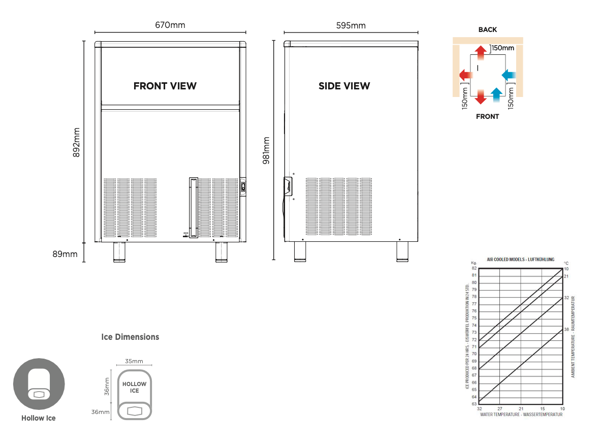 Bromic IM0084HSC-HE Self-Contained 82kg Hollow Ice Machine