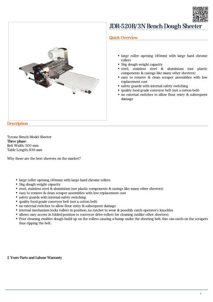 FED JDR-520B/3N Bench Dough Sheeter / 2080x880x620 /2Y Warranty