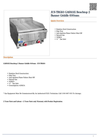 GASMAX JUS-TRG60 Benchtop 2 Bunner Griddle 600mm