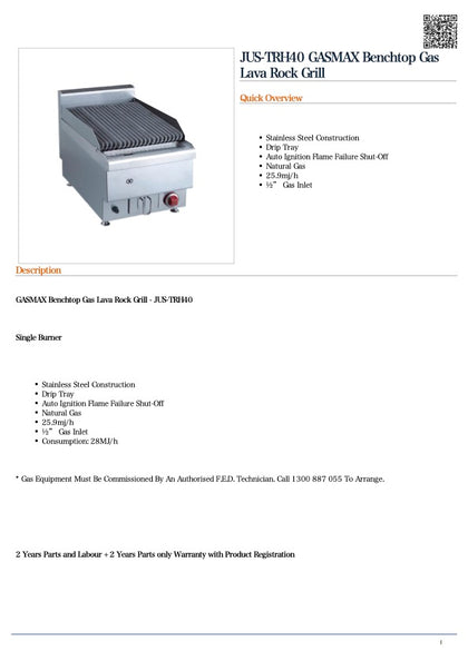 FED JUS-TRH40 GASMAX Benchtop Gas Lava Rock Grill / 400x650x475 /2+2Y Warranty