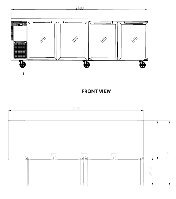 Turbo Air KGR24-4-N(HC) 2400mm Under Bench Four Glass Door Fridge 705L
