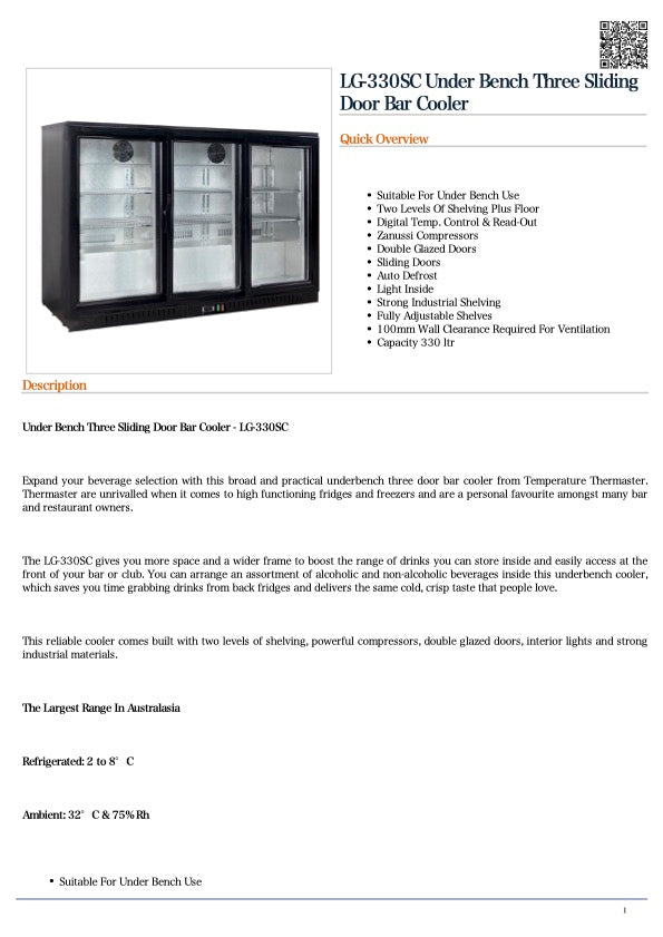 FED LG-330SC Under Bench Three Sliding Door Bar Cooler 330L