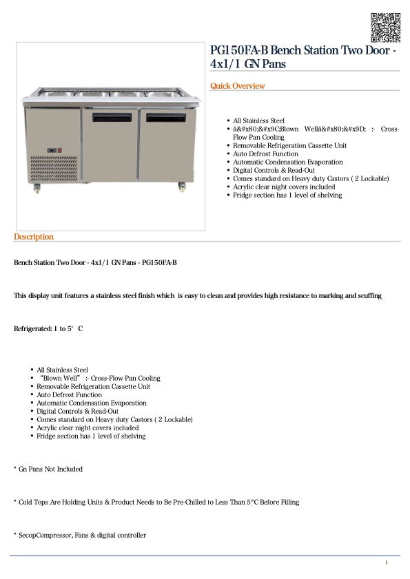 Thermaster PG150FA-B Bench Station Two Door - 4x1/1 GN Pans 1460mmW