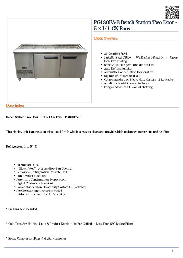 Thermaster PG180FA-B Bench Station Two Door 5×1/1 GN Pans 1800mmW