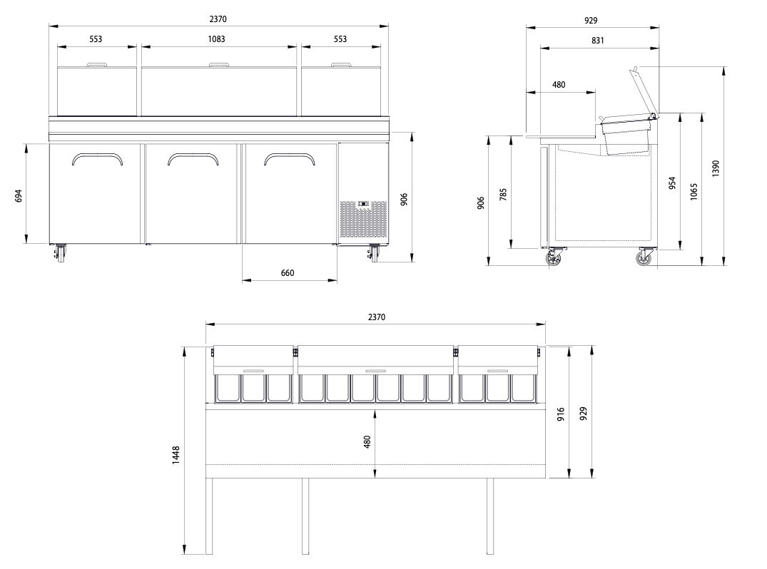 Bromic PP2370 Three Door Pizza Preparation Fridge 873L
