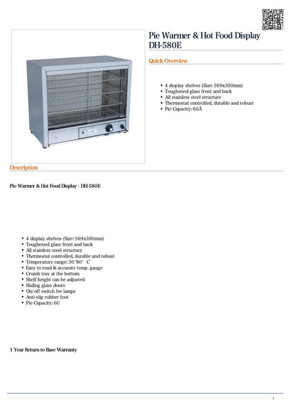 FED DH-580E Pie Warmer & Hot Food Display / 640x334x526 / 1Y Warranty