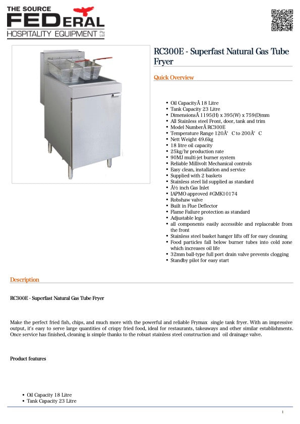 GasMax RC300E NAG Superfast Tube Fryer 395mm