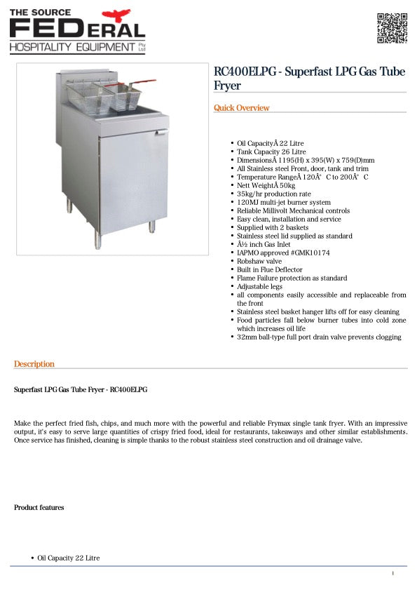 GasMax RC400ELPG - Superfast LPG Gas Tube Fryer