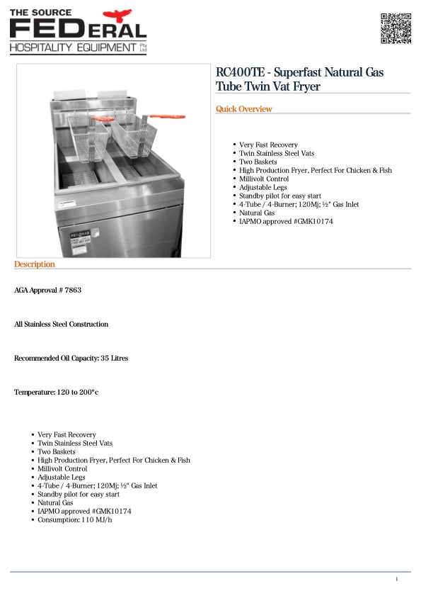 GasMax RC400TE - Superfast Natural Gas Tube Twin Vat Fryer 533mm