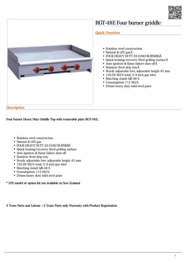 GasMax RGT-48ELPG Four burner griddle