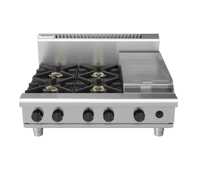 Waldorf / RN8603G-B_NAT /  900mm Gas Cooktop - 4 Burner cooktop with 300mm griddle Bench Model (132MJ, Natural Gas) / 174Kg / W900 x D805 x H530 / 1Y Warranty