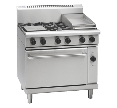 Waldorf / RNL8613GE_NAT / 900mm Gas Range Electric Static Oven Low Back Version -4 burner cooktop range with 300mm griddle (132MJ, Natural Gas) / 285kg / W900 x D805 x H972 / 1Y Warranty