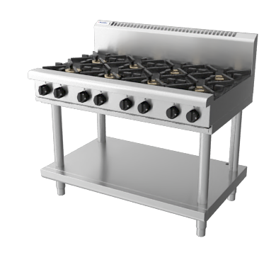 Waldorf / RNL8800G-LS_LPG / 1200mm Gas Cooktop Low Back Version- 8 Burner, Leg Stand (224MJ, LPG) / 216kg / W1200 x D805 x H972 / 1Y Warranty
