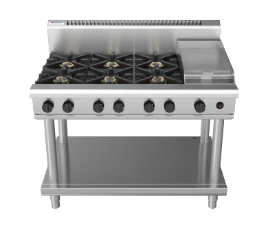 Waldorf / RN8803G-LS_NAT / 1200mm Gas Cooktop -6 burner cooktop with 300mm griddle, Leg Stand (188MJ, Natural Gas) / 216kg / W1200 x D805 x H1130 / 1Y Warranty