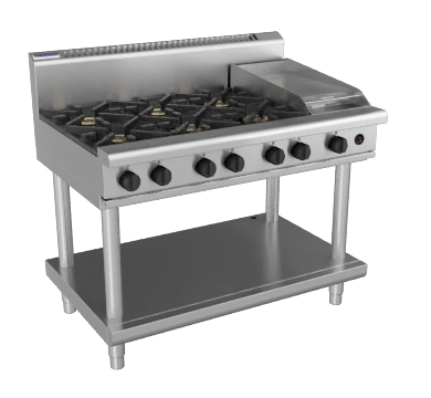 Waldorf / RN8803G-LS_NAT / 1200mm Gas Cooktop -6 burner cooktop with 300mm griddle, Leg Stand (188MJ, Natural Gas) / 216kg / W1200 x D805 x H1130 / 1Y Warranty