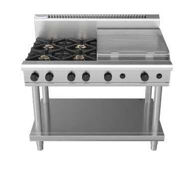 Waldorf / RN8806G-LS_LPG / 1200mm Gas Cooktop -4 burner cooktop with 600mm griddle, Leg Stand (188MJ, LPG Gas) / 216kg / W1200 x D805 x H1130 / 1Y Warranty
