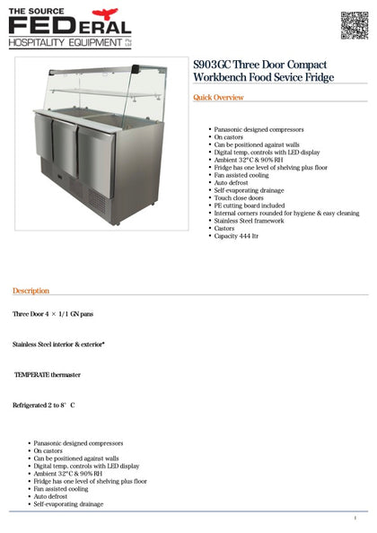 FED S903GC Three Door Compact Workbench Food Sevice Fridge