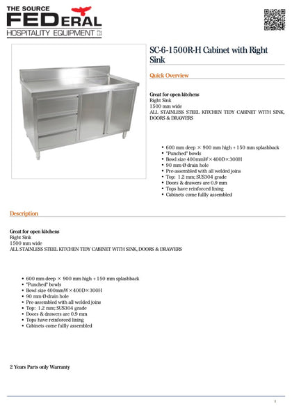 FED SC-6-1500R-H Cabinet with Right Sink