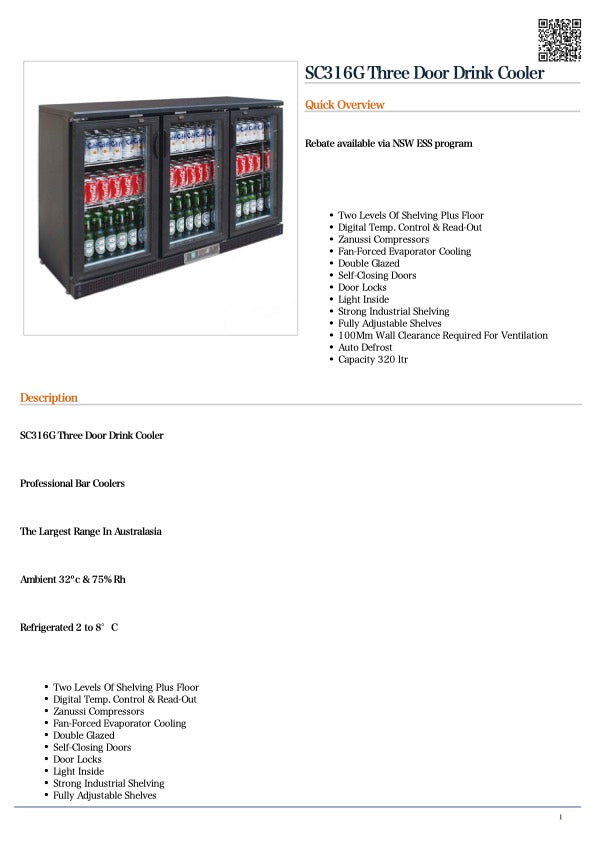 FED SC316G Three Door Drink Cooler 320L