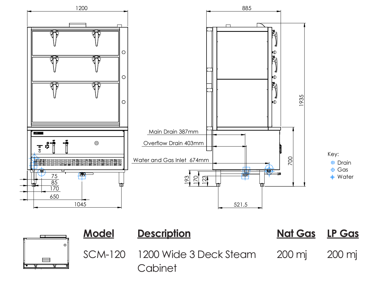 Luus SCM-120 3 Deck Steam Cabinet 1200mm Wide