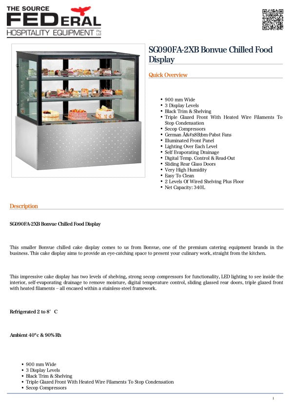 Bonvue SG090FA-2XB Bonvue Chilled Food Display 900mm