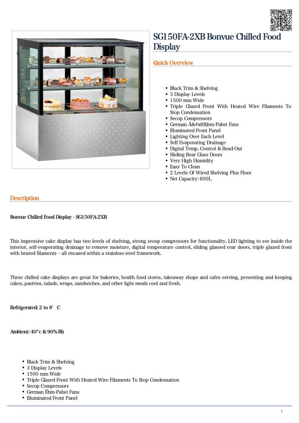 Bonvue SG150FA-2XB Bonvue Chilled Food Display 1500mm